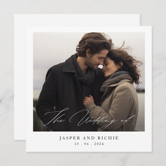 Minimalist Elegant Script Photo Square Wedding 招待状 (正面/裏面)