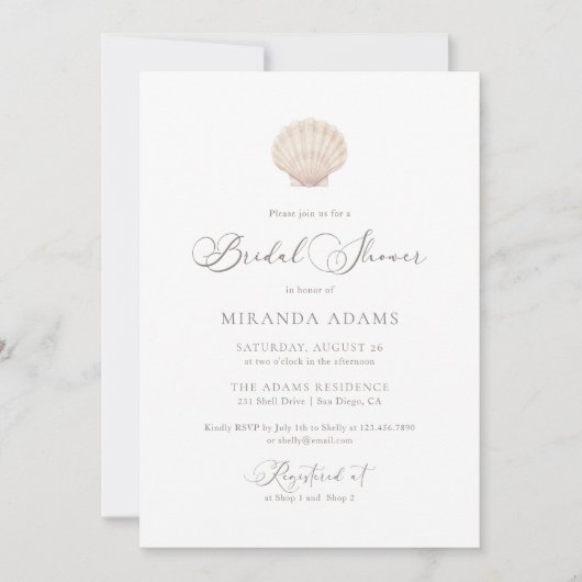 Minimalist Elegant Sea Shell Beach Bridal Shower 招待状 (正面)