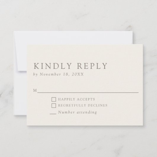 Minimalist Elegant Taupe Neutral Kindly Reply 出欠カード (正面)