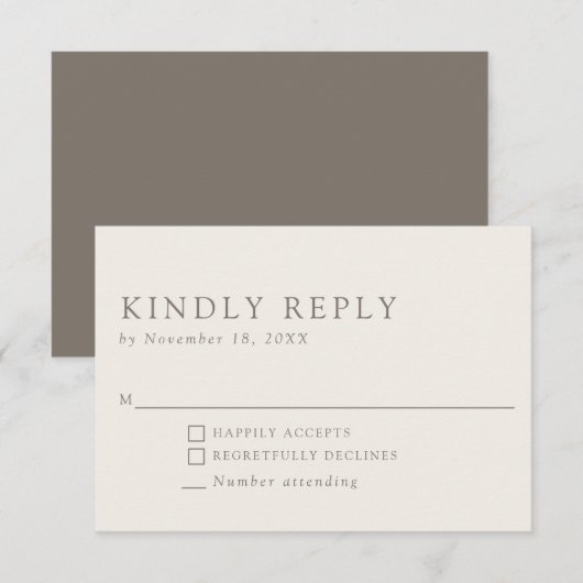 Minimalist Elegant Taupe Neutral Kindly Reply 出欠カード (正面/裏面)