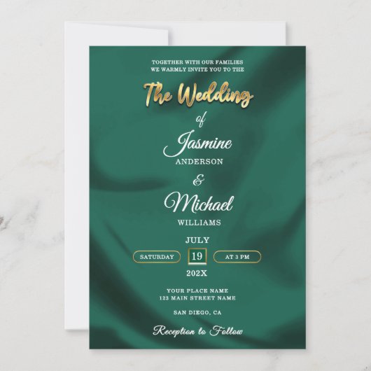 Minimalist Emerald and Gold Foil Script Wedding  招待状 (正面)