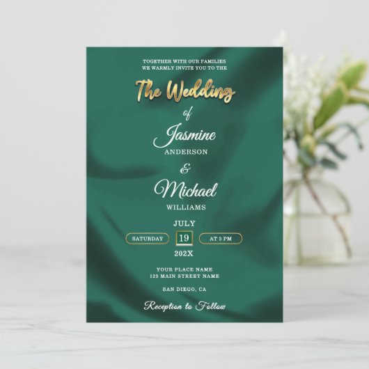 Minimalist Emerald and Gold Foil Script Wedding 招待状 (スタンド正面)