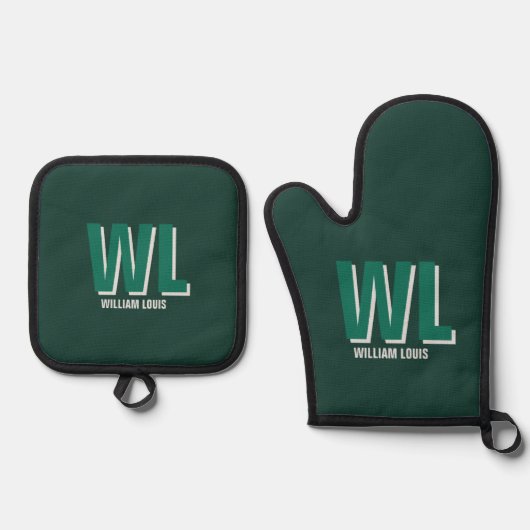 Minimalist Emerald Green Personalized Monogram  鍋つかみ&鍋敷きセット (正面)
