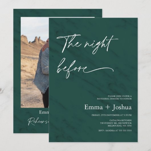 Minimalist Emerald Green Photo Rehearsal Dinner  招待状 (正面/裏面)