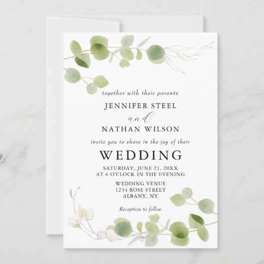 Minimalist Eucalyptus Green Foliage Classy Wedding 招待状 (正面)