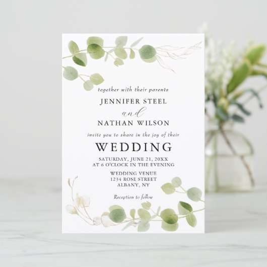 Minimalist Eucalyptus Green Foliage Classy Wedding 招待状 (スタンド正面)