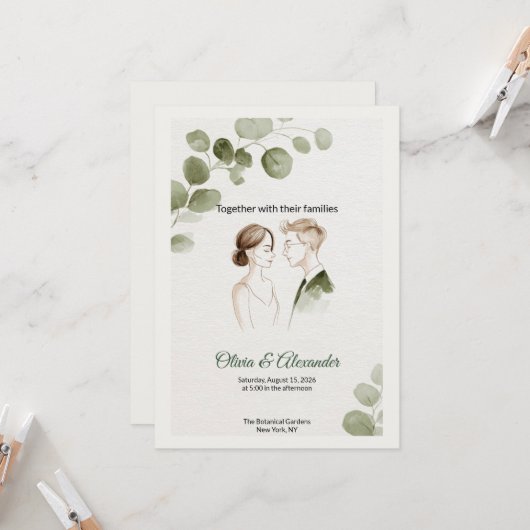 Minimalist Eucalyptus Greenery Wedding Invitation カード (正面/裏面インサイチュ)