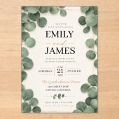 Minimalist Eucalyptus Sage Green Leaves and Gold アクリル招待状 (正面)
