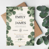 Minimalist Eucalyptus Sage Green Leaves and Gold 招待状