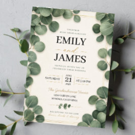 Minimalist Eucalyptus Sage Green Leaves and Gold 招待状