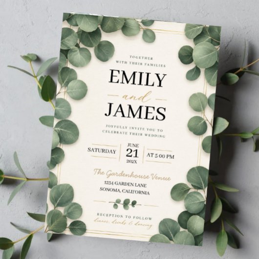 Minimalist Eucalyptus Sage Green Leaves and Gold 招待状