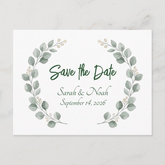 Minimalist Eucalyptus Wreath Save the Date custom 案内ポストカード (正面)