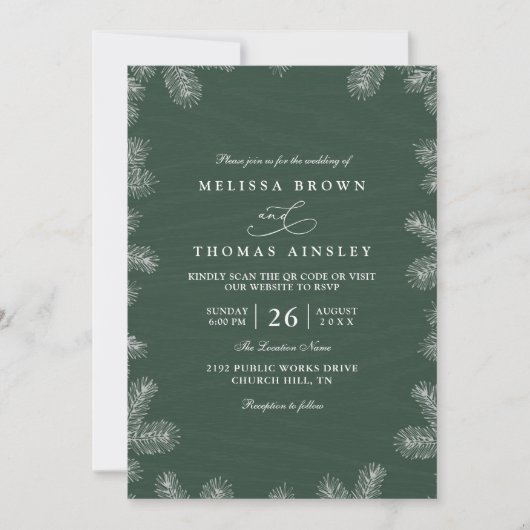 Minimalist Evergreen Rustic Modern QR Code Wedding 招待状 (正面)