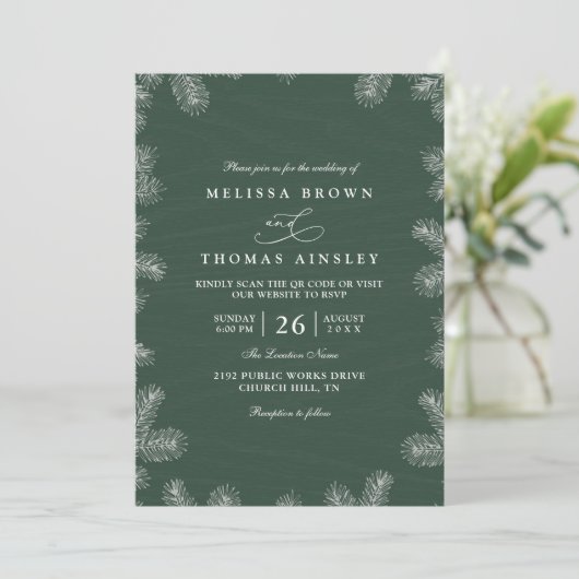 Minimalist Evergreen Rustic Modern QR Code Wedding 招待状 (スタンド正面)