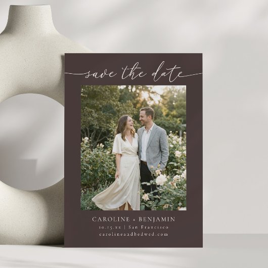 Minimalist Fall Brown Earthy Script Photo Wedding  セーブザデート