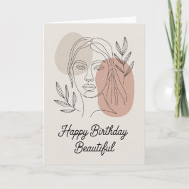 Minimalist Female Line Art Botanical Birthday Card カード