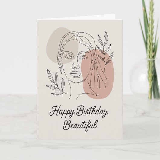 Minimalist Female Line Art Botanical Birthday Card カード (正面)