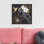 Minimalist Feminine Wall Art with Gold Botanical キャンバスプリント (インサイチュ (リビング))
