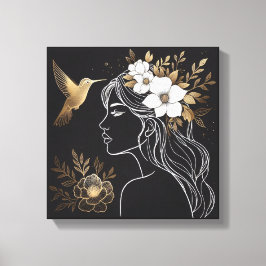 Minimalist Feminine Wall Art with Gold Botanical キャンバスプリント