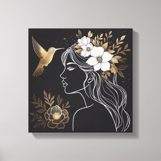 Minimalist Feminine Wall Art with Gold Botanical キャンバスプリント (正面)