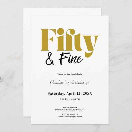 Minimalist Fifty & Fine 50th Birthday 招待状 (正面/裏面)