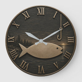 Minimalist Fishing Rustic Fisherman Cabin Gift ラージ壁時計