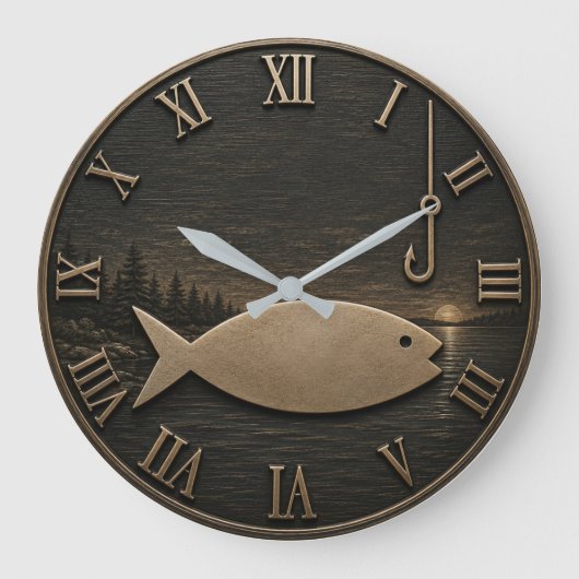 Minimalist Fishing Rustic Fisherman Cabin Gift ラージ壁時計 (正面)