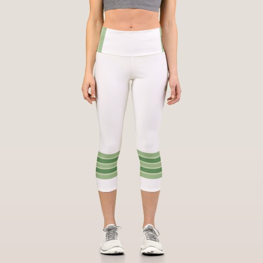 Minimalist, Five Green Retro Stripes, Text White カプリレギンス (正面)