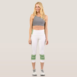 Minimalist, Five Green Retro Stripes, Text White カプリレギンス