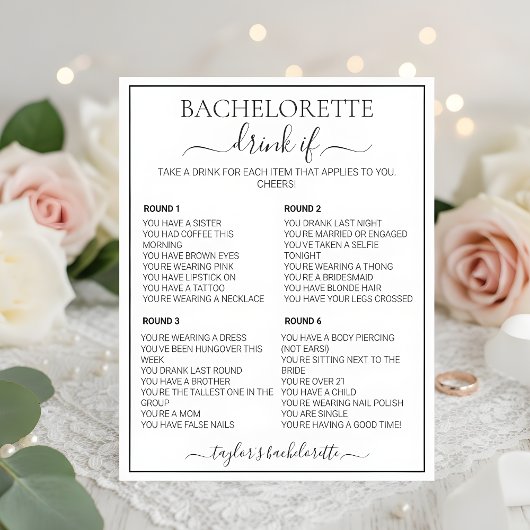Minimalist Floral Bachelorette Drink If Game Card
