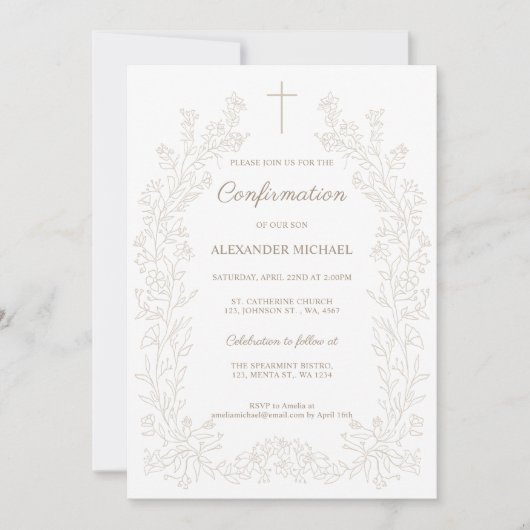 Minimalist Floral Cross Confirmation 招待状 (正面)