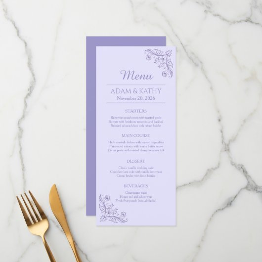 Minimalist Floral Lavender Wedding Food Menu メニュー (正面/裏面インサイチュ)