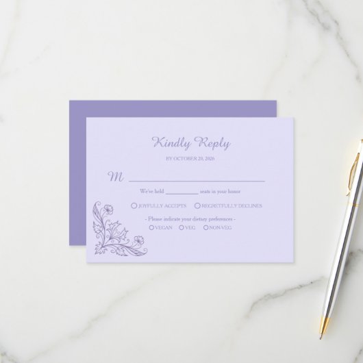 Minimalist Floral Lavender Wedding RSVP Cards (正面/裏面インサイチュ)