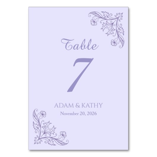 Minimalist Floral Lavender Wedding Table Numbers テーブルナンバー (正面)