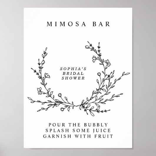 Minimalist Floral Line Art Mimosa Bar Sign Poster ポスター (正面)