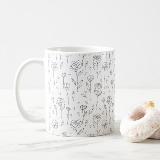 Minimalist Floral Line Art Mug コーヒーマグカップ (ドーナツ)