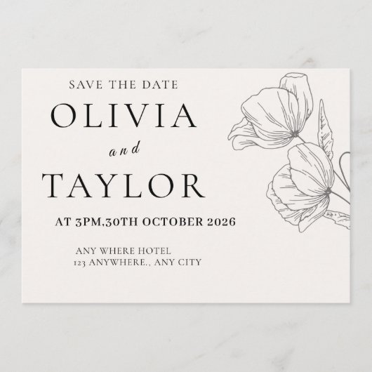 Minimalist Floral Line Art Save the Date Card  セーブザデート (正面)
