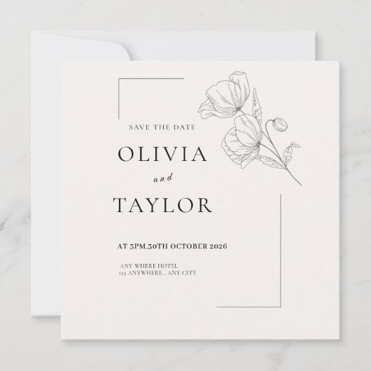 Minimalist Floral Line Art Save the Date Card  セーブザデート (正面)