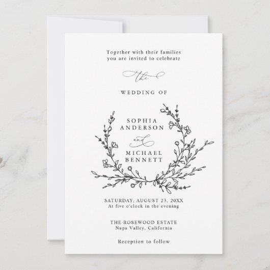 Minimalist Floral Line Art Wedding Invitation 招待状 (正面)