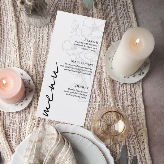 Minimalist Floral Line Art Wedding Menu Card メニュー