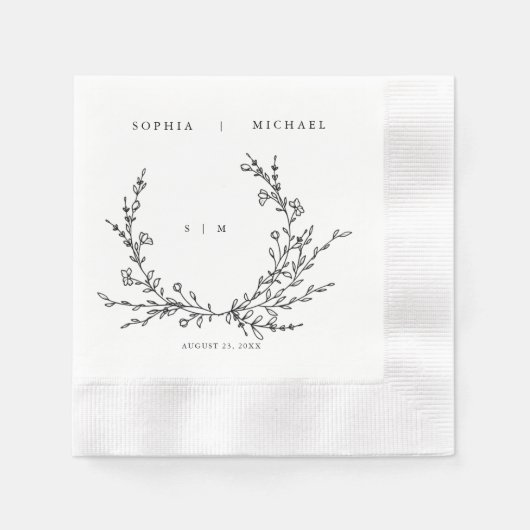 Minimalist Floral Line Art Wedding Napkins 縁ありカクテルナプキン (正面)