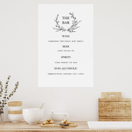 Minimalist Floral Line Art Wedding Open Bar Menu ポスター (キッチン)