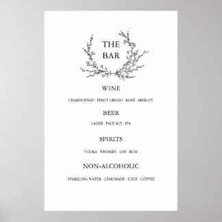 Minimalist Floral Line Art Wedding Open Bar Menu ポスター