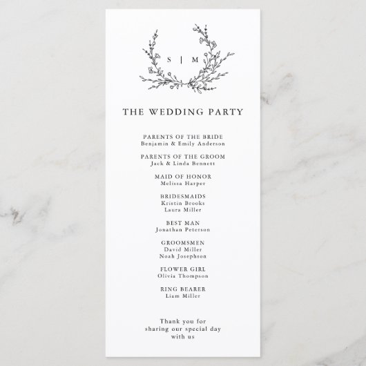Minimalist Floral Line Art Wedding Program プログラム (裏面)