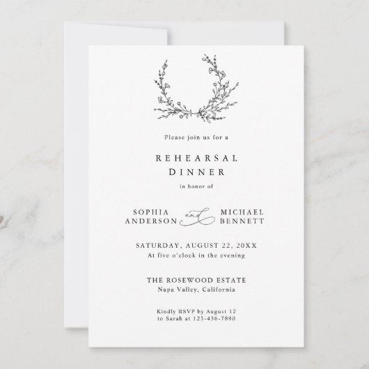 Minimalist Floral Line Art Wedding Rehearsal   招待状 (正面)