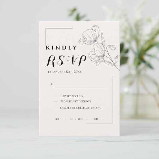 Minimalist Floral Line Art Wedding RSVP Card (スタンド正面)
