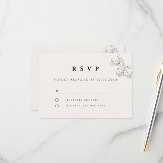 Minimalist Floral Line Art Wedding RSVP Card (正面/裏面インサイチュ)