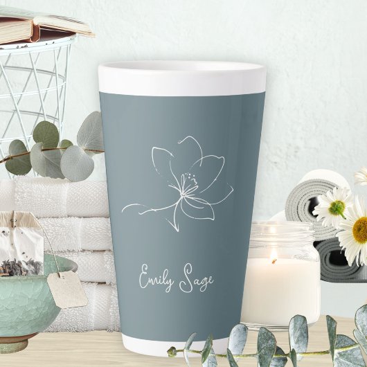 Minimalist Floral Line Art Zen Ivory Coastal Blue カフェラテマグ
