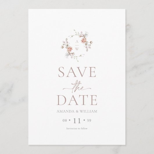 Minimalist Floral Monogram Save the Date Card 招待状 (正面)