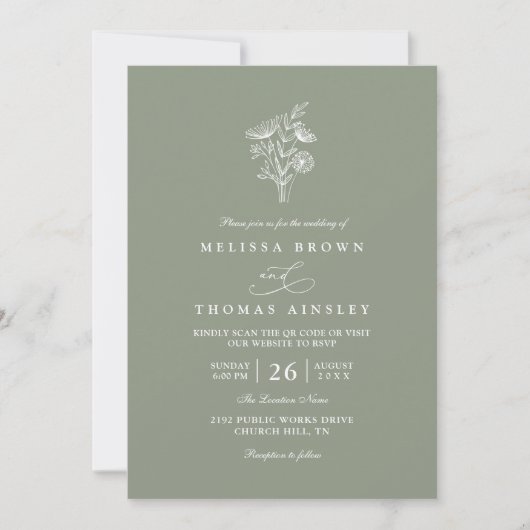 Minimalist Floral Sage Green Chic QR Code Wedding 招待状 (正面)